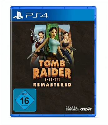 A PlayStation 4 game case for Tomb Raider I-III Remastered, featuring Lara Croft and game logos.