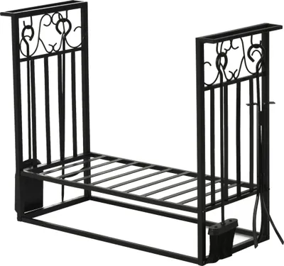 Produktbild von Outsunny stojak na drewno opałowe z narzędziami kominkowymi, stojak na drewno opałowe, przechowywanie drewna opałowego, narzędzia kominkowe, stal czarny 75 x 30 x 60 cm