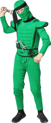 Produktbild von Ninja Krieger Set 3-tlg Overall grün Gürtel Haube Kinder Karneval Kostüm 128-152