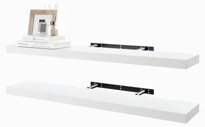 Image de Étagères suspendues, 80 cm de large, étagères murales en bois blanc avec fixations invisibles – lot de 2, décoration murale pour chambre, salle de bains, salon et cuisine