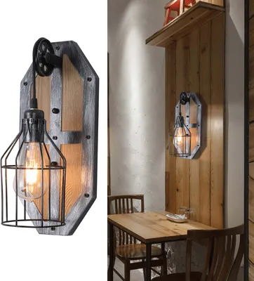 Produktbild von Retro Holz Wandleuchte E27 Innen Wandbeleuchtung industrieller Stil Wandlampe für 5m² (ohne Birne)