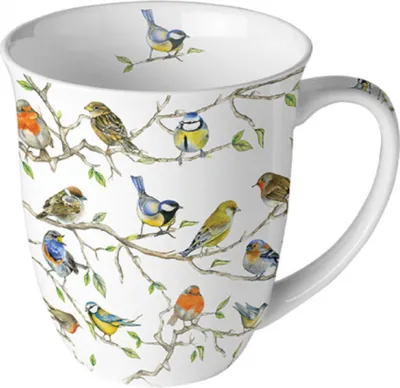 Produktbild von Tasse 10cm Porzellan mit Singvögel & Äste Motiv Bunt / Weiß