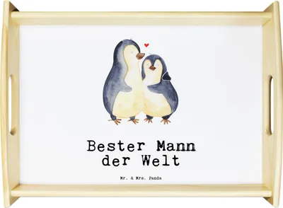 Produktbild von Mr. & Mrs. Panda sofatablett Pinguin Bester Mann der Welt - Weiß - Geschenk, Partner, tragetablett, Tablett, aus holz, Bräutigam, Geschenkidee, Serviertablett, Freund