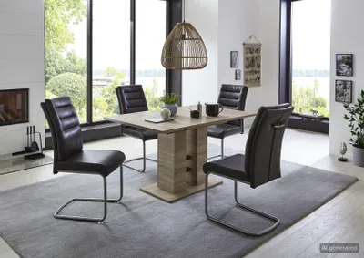 Produktbild von Hela Tische, 5tlg. Essgruppe Paula, Kulissentisch Eiche ausziehbar 140-220cm, Freischwinger Stuhl Anthrazit Edelstahlgestell Griff, 140kg belastbar, KI-generiertes Bild