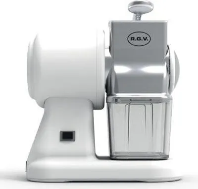 A white and silver electric grater/spiralizer with a transparent container, shown against a white background.