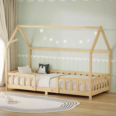 Produktbild von ML-Design Kinderbett 90x200cm mit Rausfallschutz, Dach & Lattenrost Natur Montessori Bodenbett aus massivem Kiefernholz Hausbett für Mädchen & Jungen