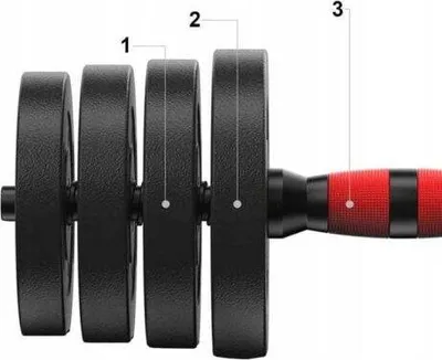 A close-up side view of an adjustable dumbbell set with weights and a red handle.