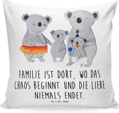 Produktbild von Mr. & Mrs. Panda Deko Kissen Koala Familie - Weiß - Geschenk, Muttertag, Mama, bedruckt, Papa, Family, Polster, Kinder, 40x40, Sofa, 40 x 40, Kleines