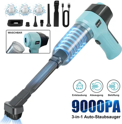 A collage of images showing a cordless vacuum cleaner and its accessories, along with marketing graphics.