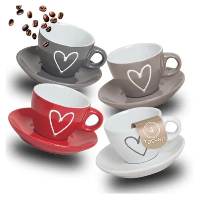 Produktbild von Espresso-Tassen Herz-Dekor 4er Set dickwandige Keramik, 50 ml