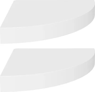 Two white corner shelves are shown against a white background.