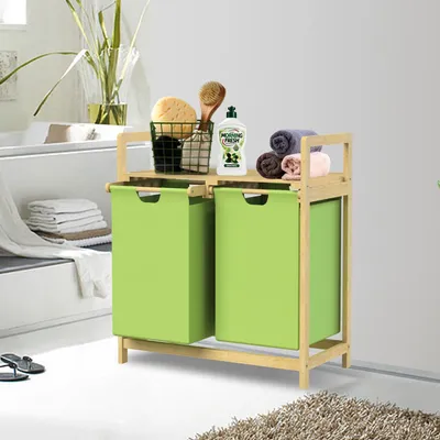 Produktbild von ML-Design Wäschekorb aus Bambus, Grün, mit 2 ausziehbaren Wäschesäcken 60L