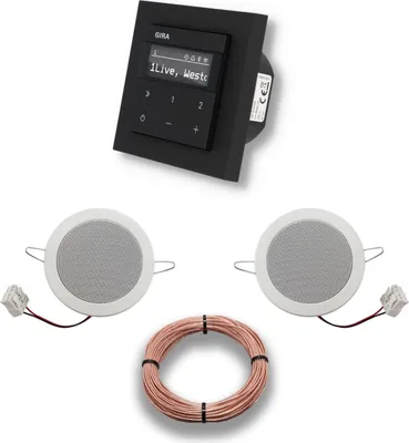 Produktbild von Gira Unterputz IP Internetradio 232003 + Bluetooth Komplett-Set, E2 schwarz matt + 2 x Deckenlautsprecher/Einbaulautsprecher + 20 Meter Lautsprecherkabel 2x0,75 mm