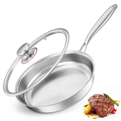 Immagine prodotto di Padella in acciaio inossidabile - Padella da 28 cm - Con coperchio - Adatta all'induzione - Per rosolare e saltare in padella