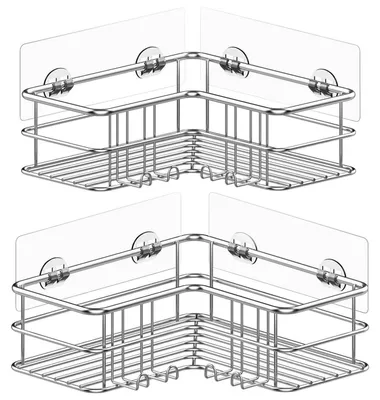 Image de Étagère de douche sans perçage, lot de 2, en acier inoxydable SUS304, argentée, pour coin, rangement de salle de bain