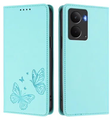 Image de Étui en cuir pour Realme 14 5G, étui de protection type portefeuille en cuir gaufré motif papillon avec support, couleur turquoise