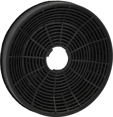A black circular carbon filter for a range hood, shown from a slightly elevated angle against a white background.