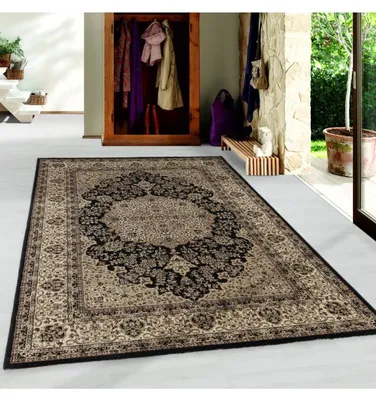 Produktbild von TapisTrend Orientalischer Teppich Schwarz 240x340 cm Kurzflorteppich für das Wohnzimmer, antikes Muster, schwarzer Zwergteppich