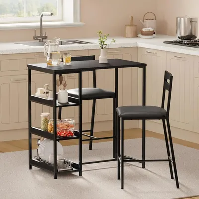 Immagine prodotto di Tavolino da bar con sedie - Set da bar composto da 3 elementi - Piano estensibile pieghevole - Ripiani portaoggetti - Per 2 persone - Forma rettangolare - Colore nero