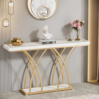 Produktbild von Tribesigns 140 cm zlatý konzolový stolek, moderní předsíňový stolek z umělého mramoru za pohovkou, předsíňový stolek s geometrickými kovovými nohami, bílý