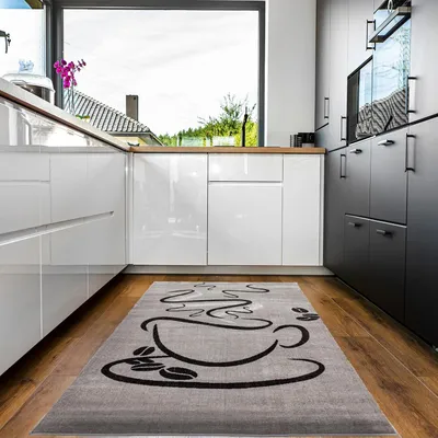 Produktbild von Küchenteppich Grau Trendiger Kaffee Teppich, Cappuccino Muster Küchenläufer Kurzflor, Maße:120 x 170 cm