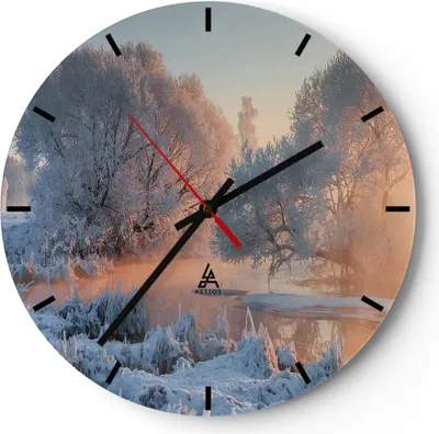 Produktbild von Wanduhr - Rund - Glasuhr - Winter Schnee Fluss - 30x30cm - Schleichendes Uhrwerk - Lautlos - zum Aufhängen bereit - Dekoration Modern - Wanddekoration aus Glas - C3AR30x30-4108