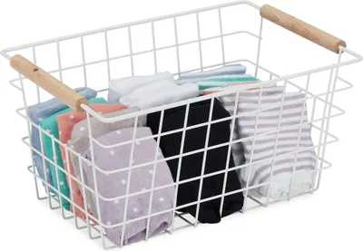 Produktbild von Relaxdays Drahtkorb, Holzgriffe, rechteckig, Gitter Design, Kleidung, Accessoires, Metallkorb, HBT: 16x31x21 cm, weiß