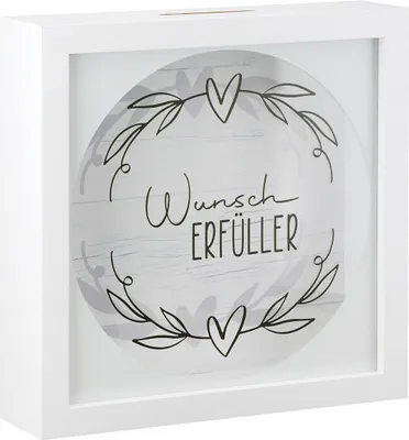 Produktbild von Gilde Spardose, quadratisch, "Wunscherfüller", Herzmotiv, Schriftzug, Glas, MDF, weiß, VE 8, L. 4,4 cm, B. 17,2 cm, H. 17 cm