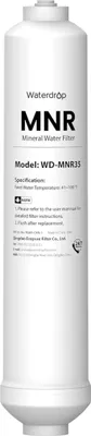 A white inline water filter with product information printed on it.