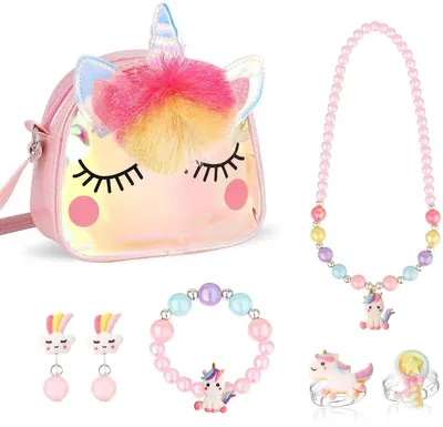 Produktbild von Einhorn Schmuckset Mädchen 7-teilig mit Tasche Kette Ring Ohrringe