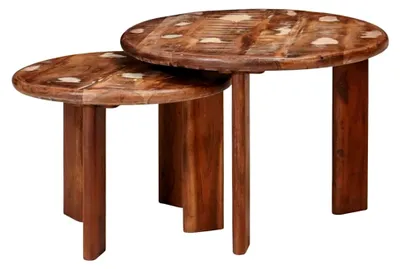 Produktbild von 2 x Couchtisch, ausziehbar, rund, Beistelltisch, stapelbar, Wohnzimmer, 2 Stück, mehrfarbig, recyceltes Massivholz