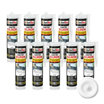 Produktbild von Isolbau Sanitär Silikon 10 x 300 ml Weiß - Hochelastischer Silikon-Dichtstoff für Abdichtungen & Fugen – Schimmelresistent, wasserdicht - Kartusche