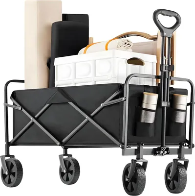 Produktbild von Faltbarer Bollerwagen – Handwagen 50 kg Tragkraft – Gartenwagen & Transportwagen für Camping, Strand & Einkäufe – Schwarz
