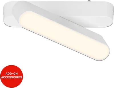 A white track light fixture with a warm white LED light, shown against a white background. A red circular overlay with text is present in the bottom left corner.