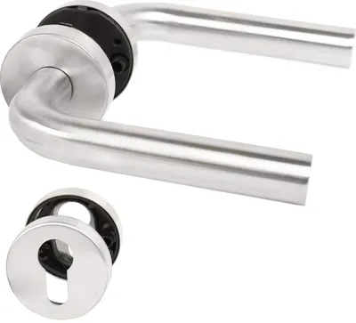 A pair of stainless steel door handles and a keyhole escutcheon on a white background.