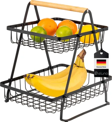 Produktbild von eluno 2-stöckige Etagere, Obstschale, Obstkorb aus Bambus und schwarzem Metall