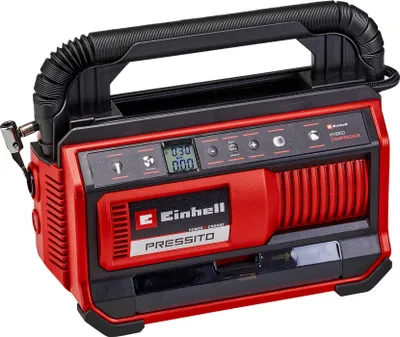 A red and black Einhell hybrid compressor with a digital display and controls.