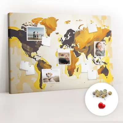 Obrázek produktu pro Korková nástěnka s kolíčky - Tabule s kolíky pro fotografie a poznámky - 120x80 cm - Připínáčky kovové 100 kusů - Abstraktní mapa světa