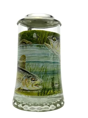 Obrázek produktu pro Skleněný korbel s barevným motivem pstruhů a cínovým víčkem 0,4 l – dárek pro rybáře