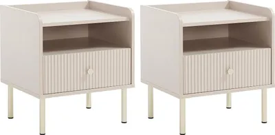 Produktbild von Nachttisch 2er-Set mit 1 Schublade und 1 Nische - Beige und Gold - LUNAOR