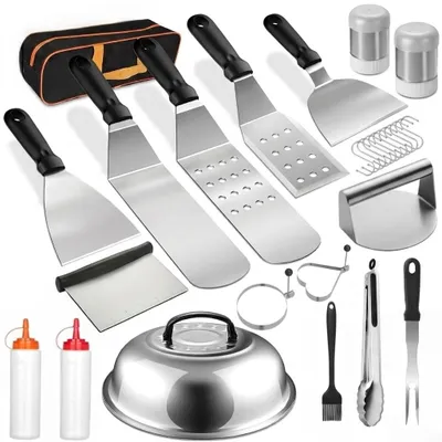Produktbild von 28tlg Grillset Edelstahl 1,5mm Profi Spatel Garhaube Tasche Grillzubehör
