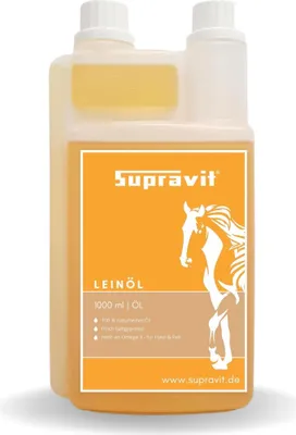 Produktbild von Supravit Leinöl Pferde & Hunde 1 Liter | Frisches Leinsamenöl kaltgepresst | Für glänzendes Fell | Reich an Omega 3 Fettsäuren