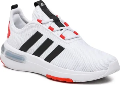 A single white Adidas sports shoe with black and red accents is shown against a white background.