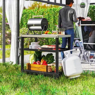 Produktbild von Grillwagen 3-Etagen BBQ-Servierwagen, Grilltisch Outdoor-Küchenwagen, Edelstahl Arbeitsplatte, Kohlegrau | 102x50x81 cm | 4 Haken | 2 Räder