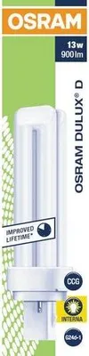 The image shows the packaging of an OSRAM Dulux D 13W energy-saving light bulb.