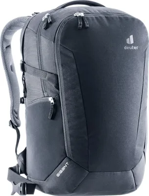 A dark gray Deuter backpack is shown from the front.