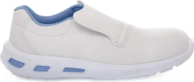A side view of a white slip-on safety shoe with blue accents.