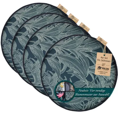 Produktbild von SILUK gemütliches Stuhlkissen Sitzkissen aus Filz Ø 36cm - Komfortable Waschbare - 4er Set Grau I Schwarz für Bank Stuhl (Blume - Grün)