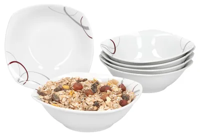 Zdjęcie produktu dla zestaw 6 miseczek na płatki śniadaniowe Palazzo 14,2 cm - mała miseczka wykonana z białej porcelany z dekoracyjnymi kółkami w kolorze szarym i ciemnoczerwonym