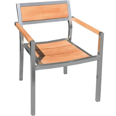 Image de 2 chaises empilables en bois d'acacia et en acier inoxydable, modèle Endine, en bois massif, résistantes aux intempéries